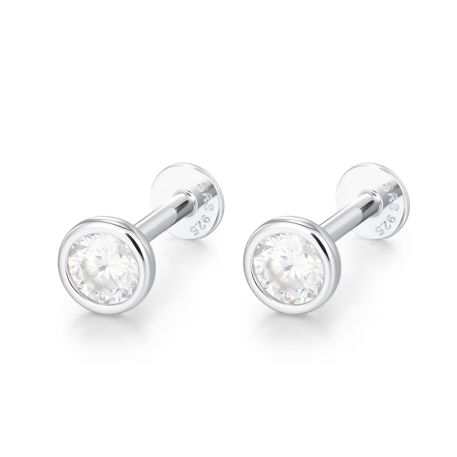 Sterling Silver 4Mm round Moissanite Bezel 16G Flat Back Labret Earrings