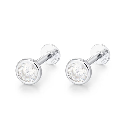 Sterling Silver 4Mm round Moissanite Bezel 16G Flat Back Labret Earrings