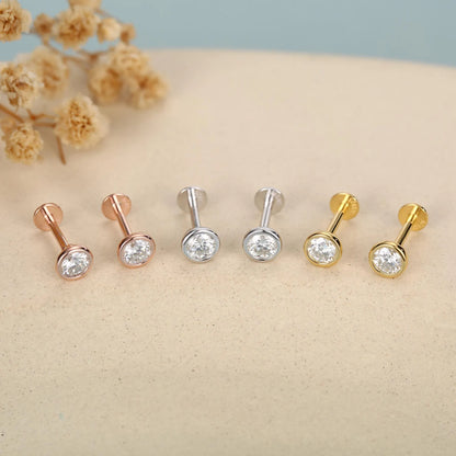 Sterling Silver 4Mm round Moissanite Bezel 16G Flat Back Labret Earrings