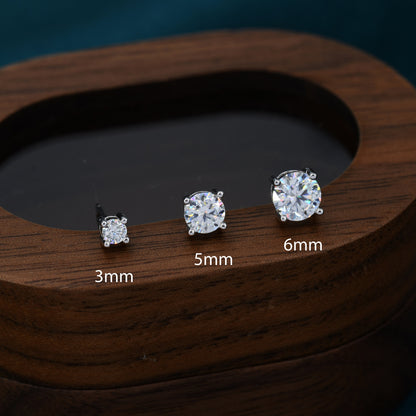 Moissanite Diamond Stud Earrings in Sterling Silver, Available in 3Mm, 5Mm 6Mm, Brilliant Cut Earrings, Four Prong Set
