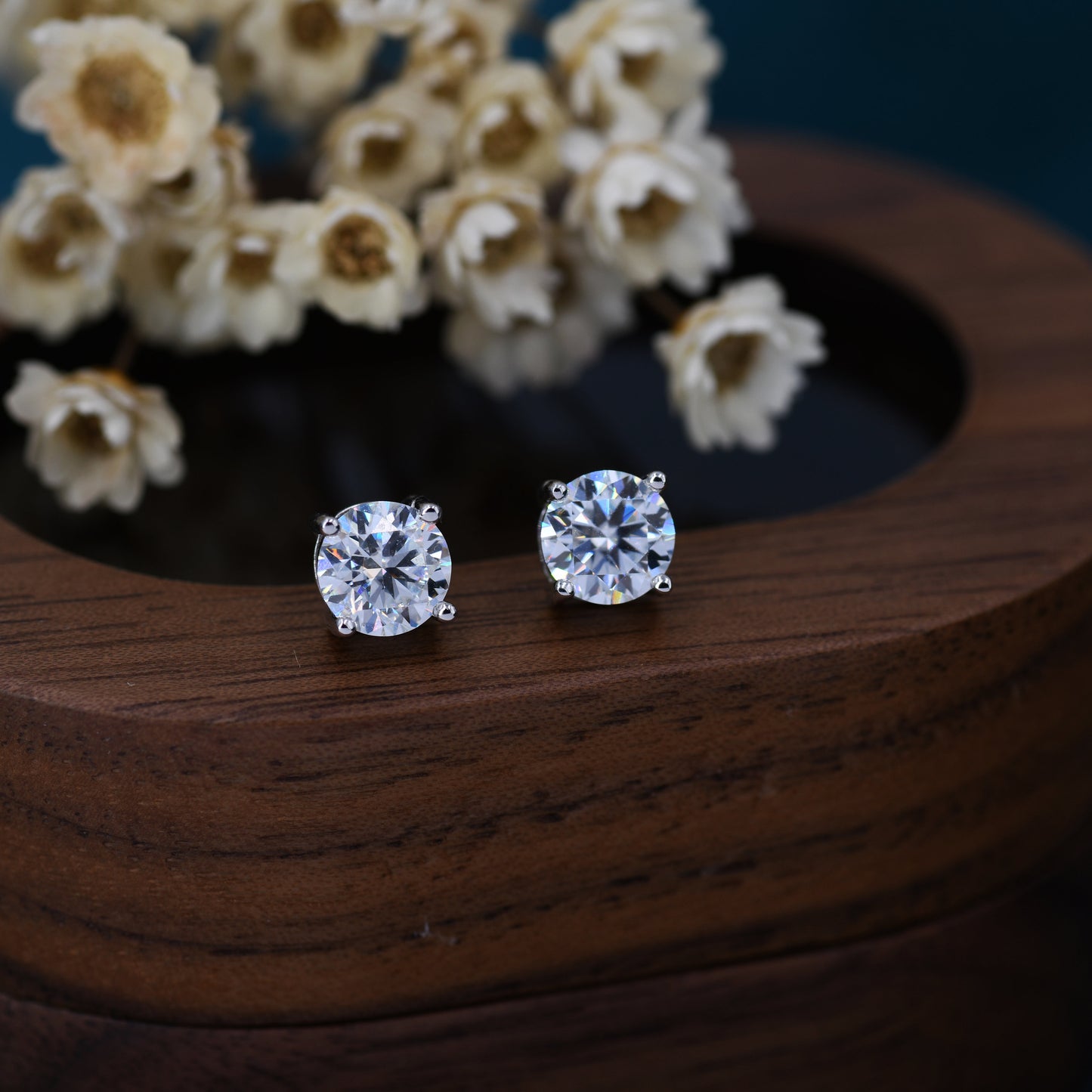 Moissanite Diamond Stud Earrings in Sterling Silver, Available in 3Mm, 5Mm 6Mm, Brilliant Cut Earrings, Four Prong Set